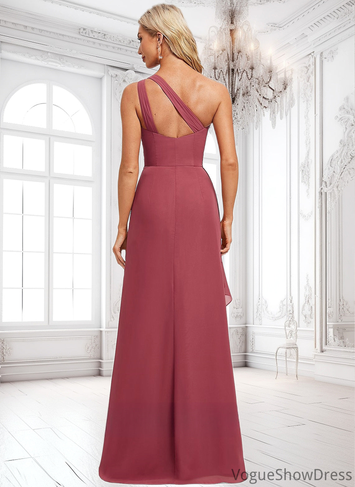 Lara A-line One Shoulder Floor-Length Chiffon Bridesmaid Dress With Ruffle DLP0025824