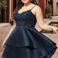 Mariana A-line V-Neck Short/Mini Lace Satin Homecoming Dress DLP0020504