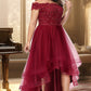 Scarlett A-line Off the Shoulder Asymmetrical Lace Tulle Homecoming Dress With Beading Bow Sequins DLP0020535