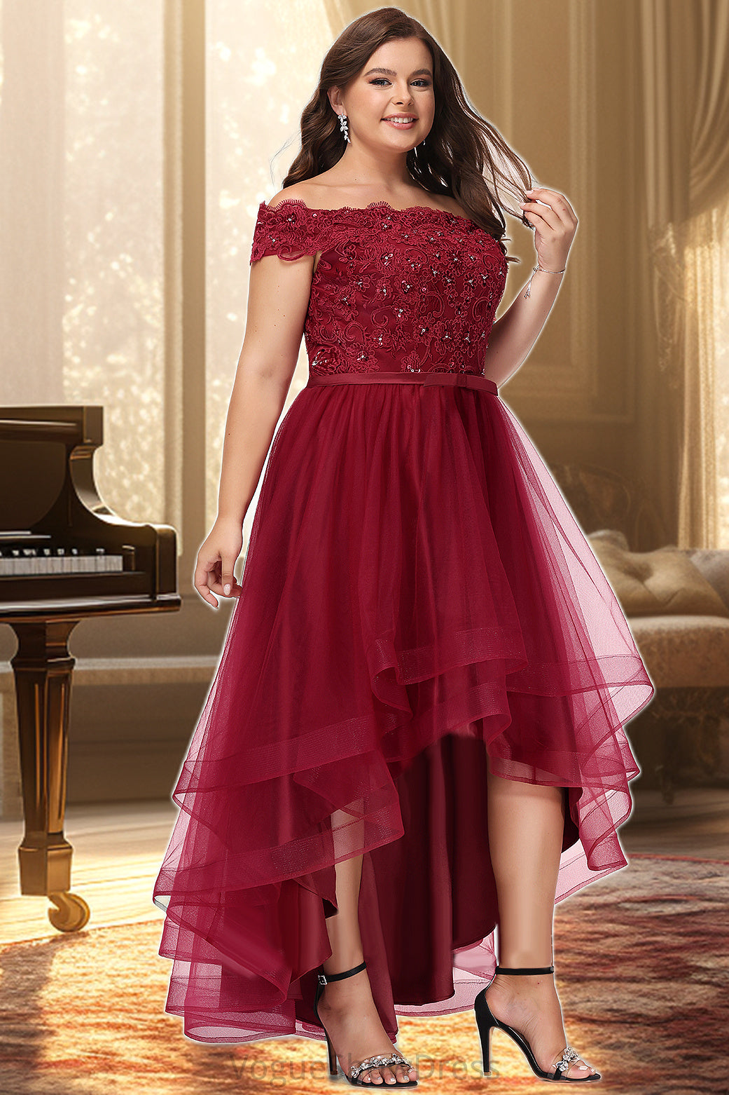 Scarlett A-line Off the Shoulder Asymmetrical Lace Tulle Homecoming Dress With Beading Bow Sequins DLP0020535