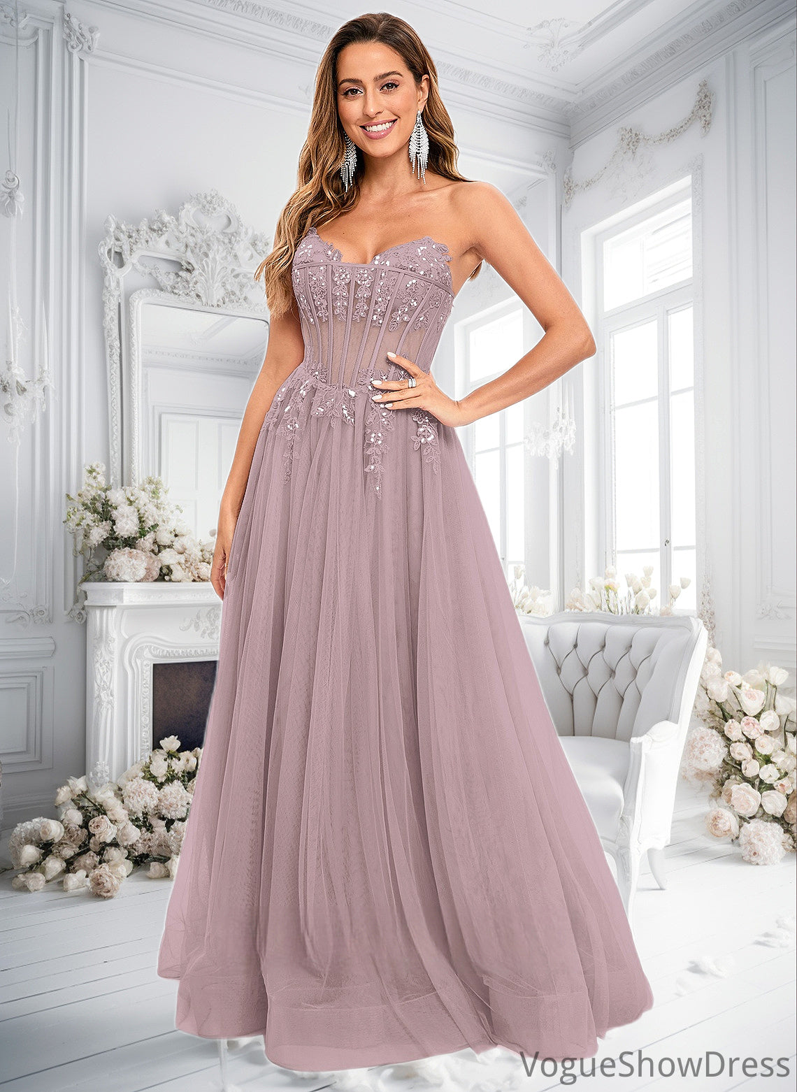 Jaylyn Ball-Gown/Princess V-Neck Floor-Length Tulle Prom Dresses With Sequins Appliques Lace DLP0025837