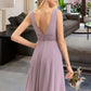 Whitney A-line V-Neck Asymmetrical Chiffon Bridesmaid Dress With Ruffle DLP0012801