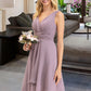 Whitney A-line V-Neck Asymmetrical Chiffon Bridesmaid Dress With Ruffle DLP0012801