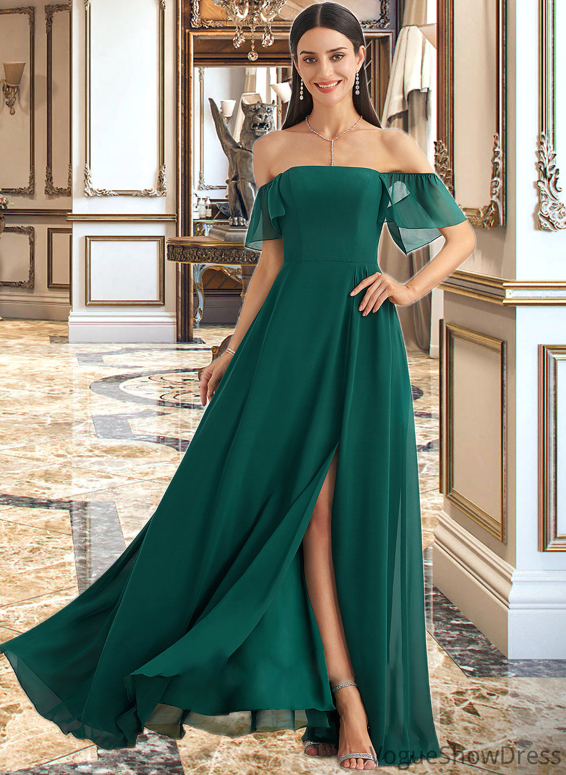 Veronica A-Line Off-the-Shoulder Floor-Length Bridesmaid Dress With Split Front DLP0012802