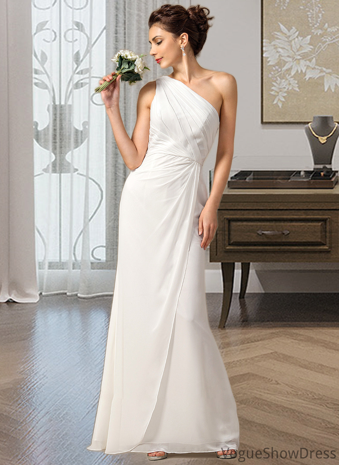 Viv Sheath/Column One Shoulder Floor-Length Chiffon Bridesmaid Dress With Ruffle DLP0012820