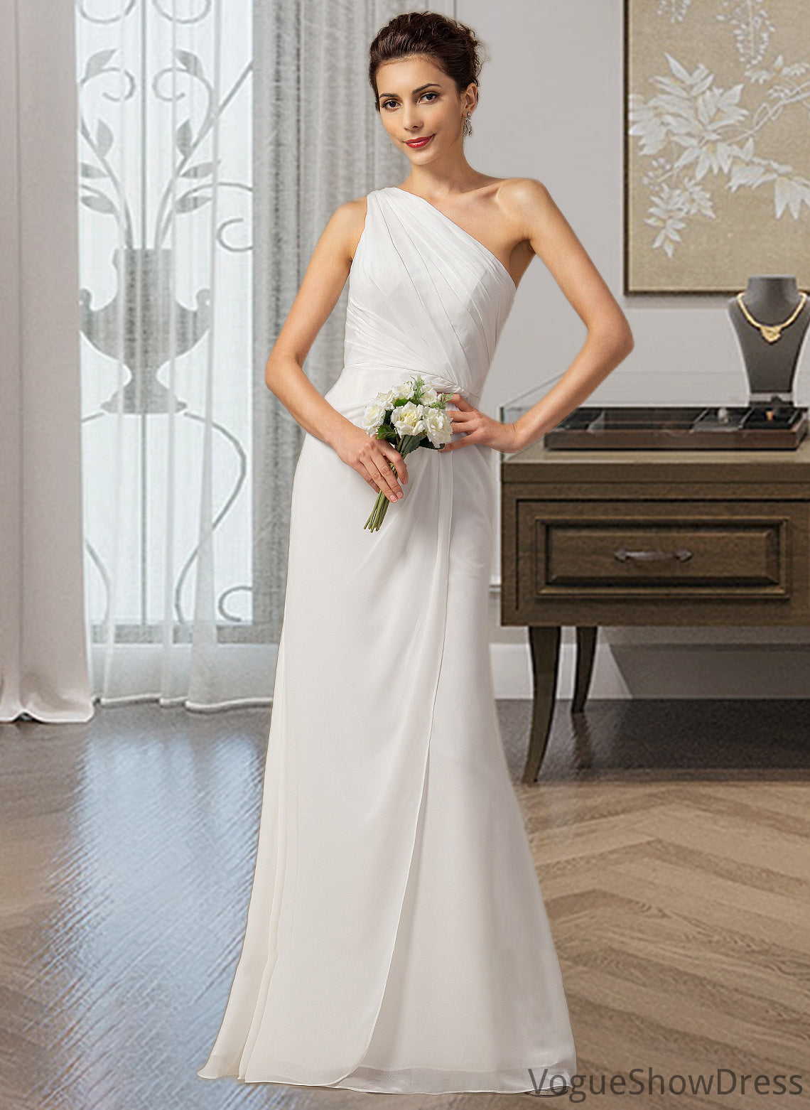 Viv Sheath/Column One Shoulder Floor-Length Chiffon Bridesmaid Dress With Ruffle DLP0012820