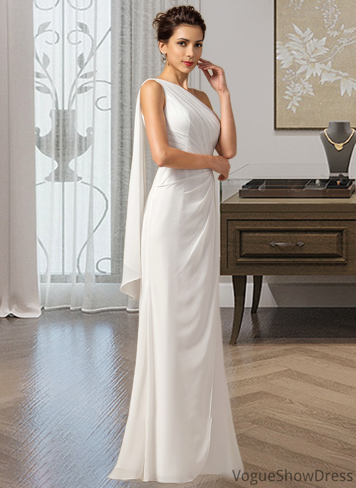 Viv Sheath/Column One Shoulder Floor-Length Chiffon Bridesmaid Dress With Ruffle DLP0012820