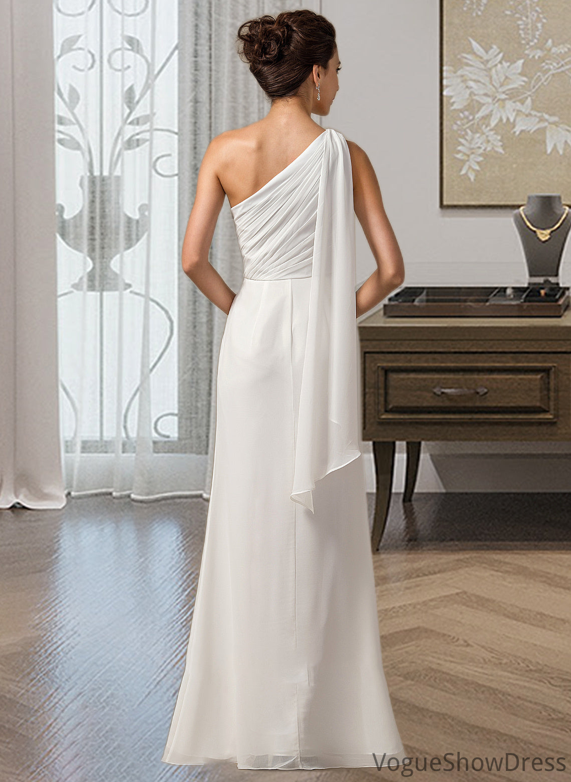 Viv Sheath/Column One Shoulder Floor-Length Chiffon Bridesmaid Dress With Ruffle DLP0012820