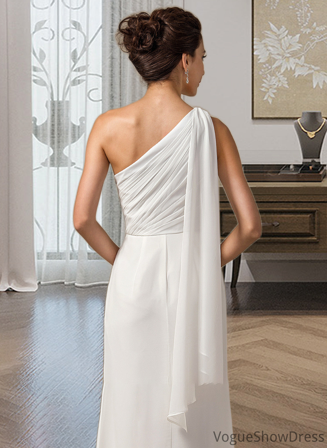 Viv Sheath/Column One Shoulder Floor-Length Chiffon Bridesmaid Dress With Ruffle DLP0012820