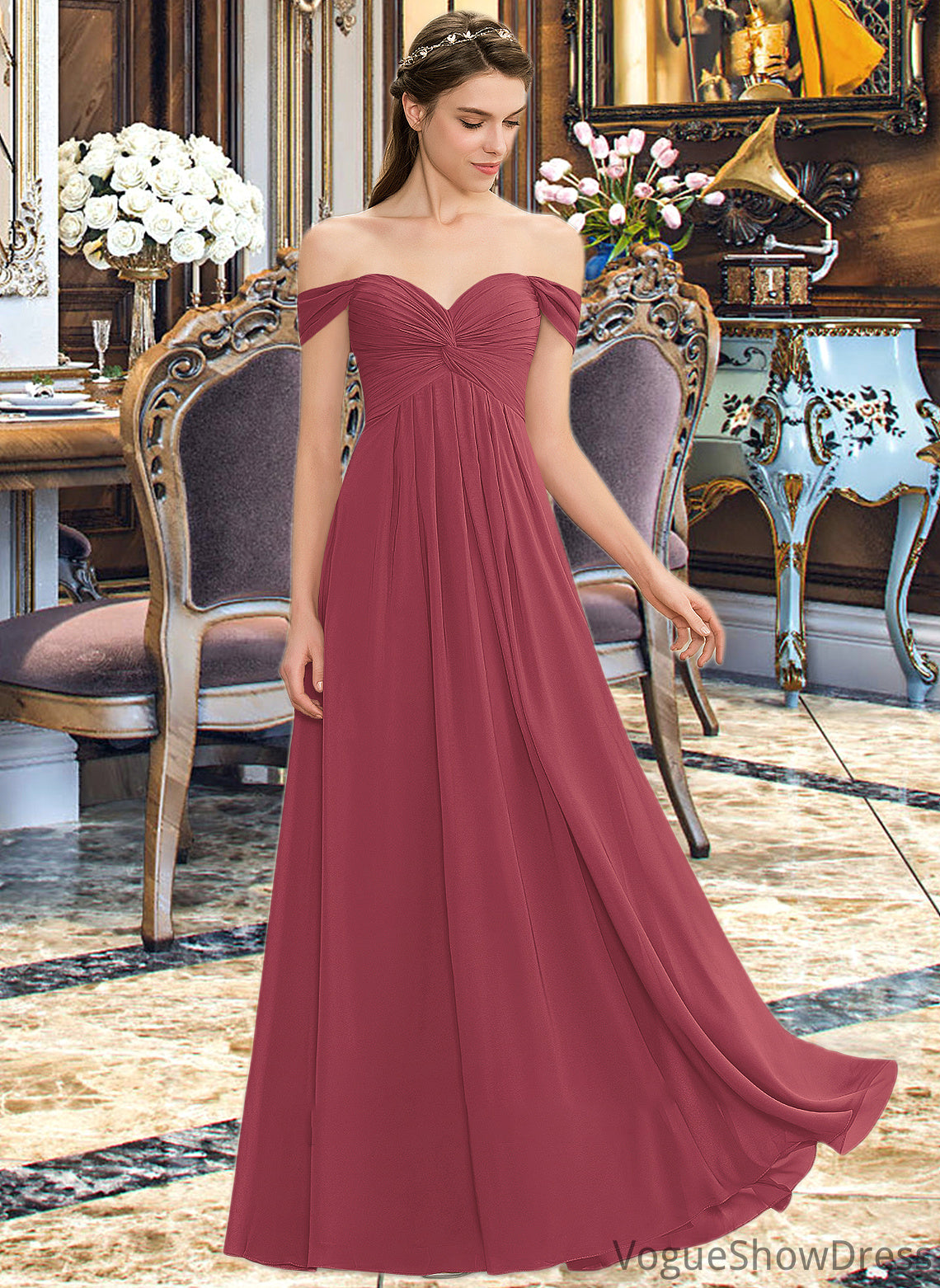 Zaria A-line Off the Shoulder Floor-Length Chiffon Bridesmaid Dress With Ruffle DLP0012825