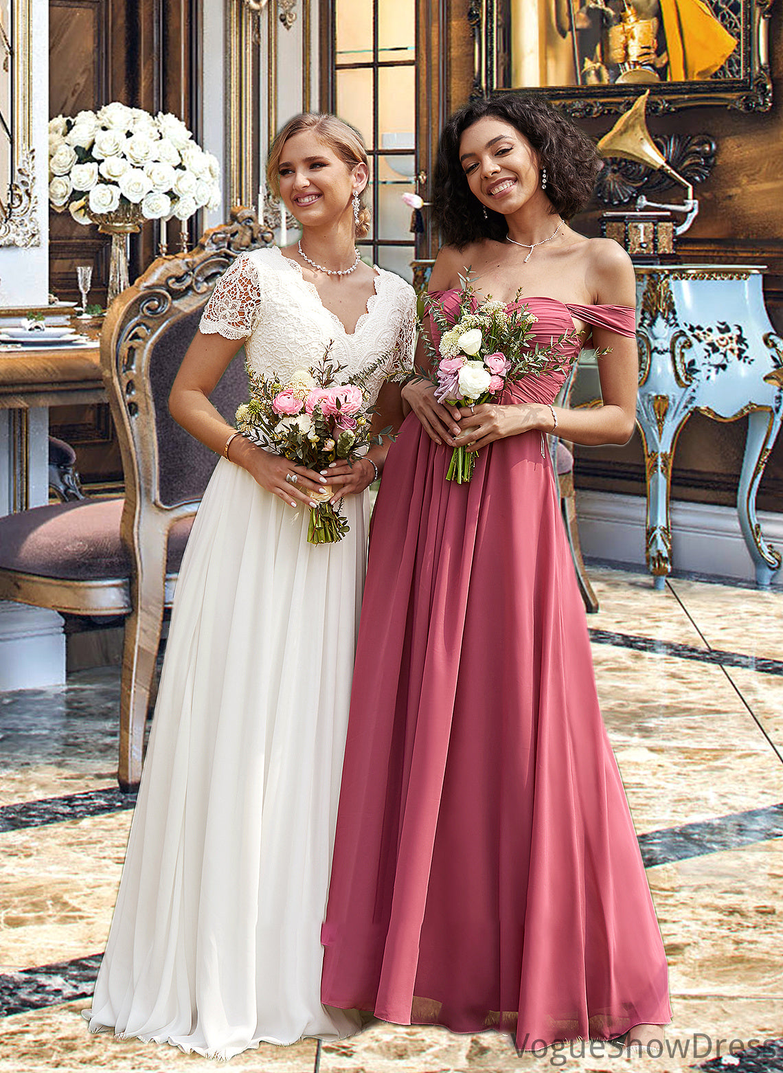 Zaria A-line Off the Shoulder Floor-Length Chiffon Bridesmaid Dress With Ruffle DLP0012825