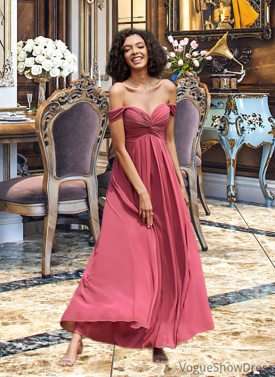 Zaria A-line Off the Shoulder Floor-Length Chiffon Bridesmaid Dress With Ruffle DLP0012825