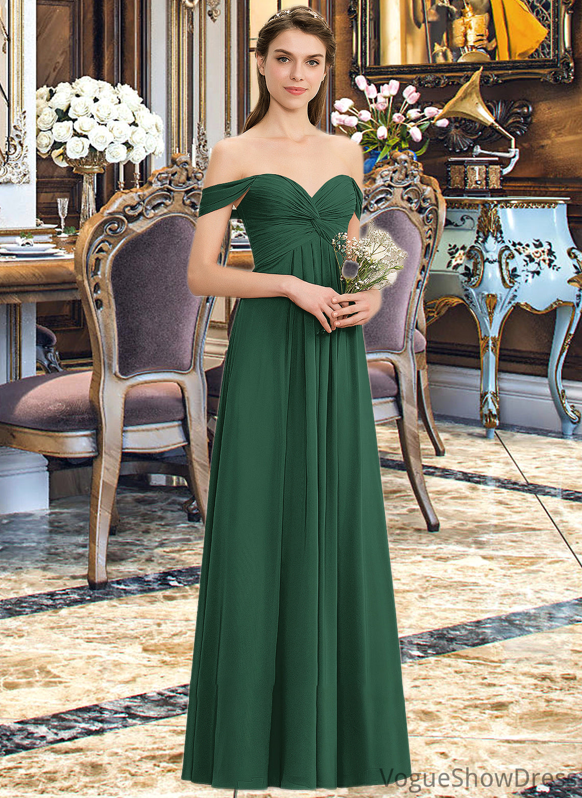 Zaria A-line Off the Shoulder Floor-Length Chiffon Bridesmaid Dress With Ruffle DLP0012825