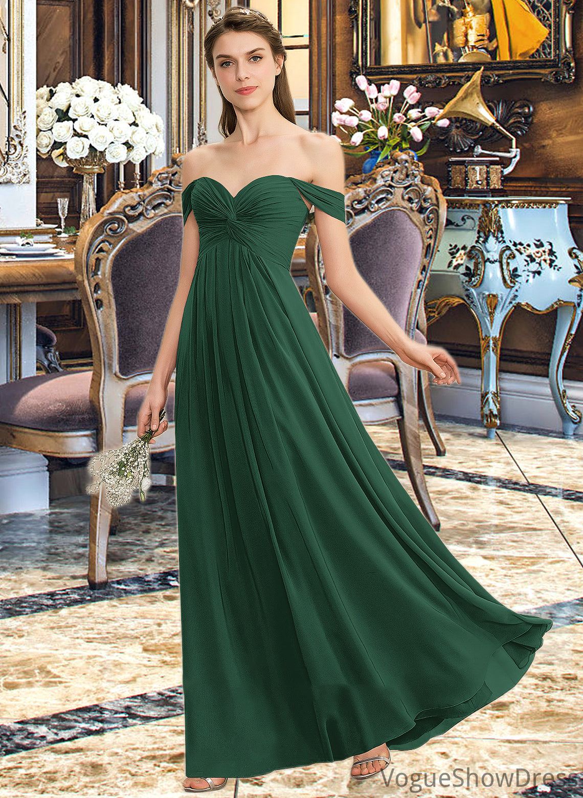 Zaria A-line Off the Shoulder Floor-Length Chiffon Bridesmaid Dress With Ruffle DLP0012825