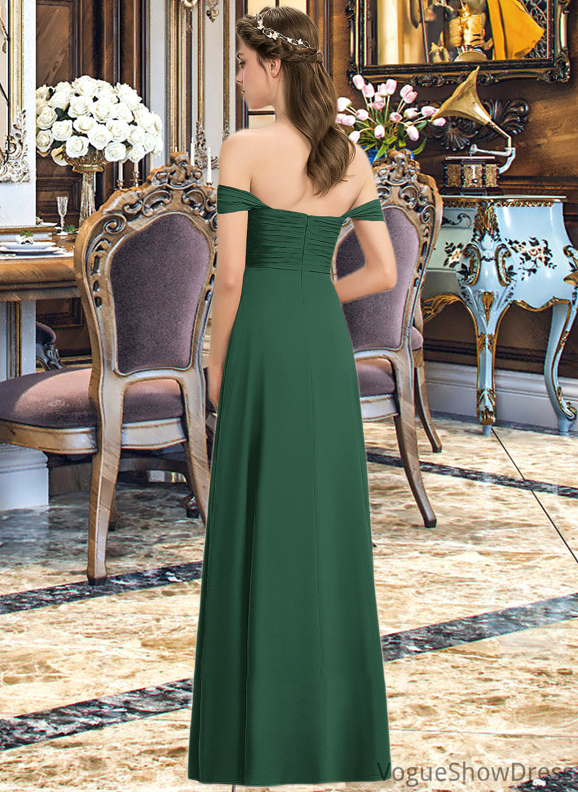 Zaria A-line Off the Shoulder Floor-Length Chiffon Bridesmaid Dress With Ruffle DLP0012825