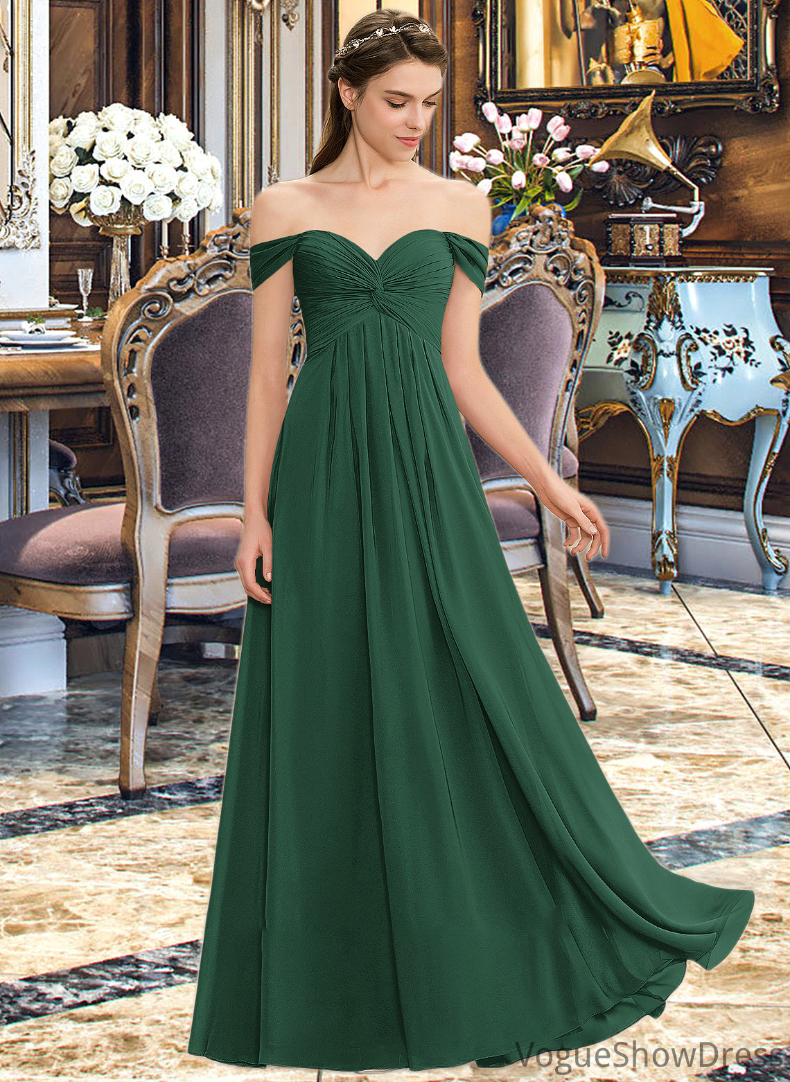 Zaria A-line Off the Shoulder Floor-Length Chiffon Bridesmaid Dress With Ruffle DLP0012825