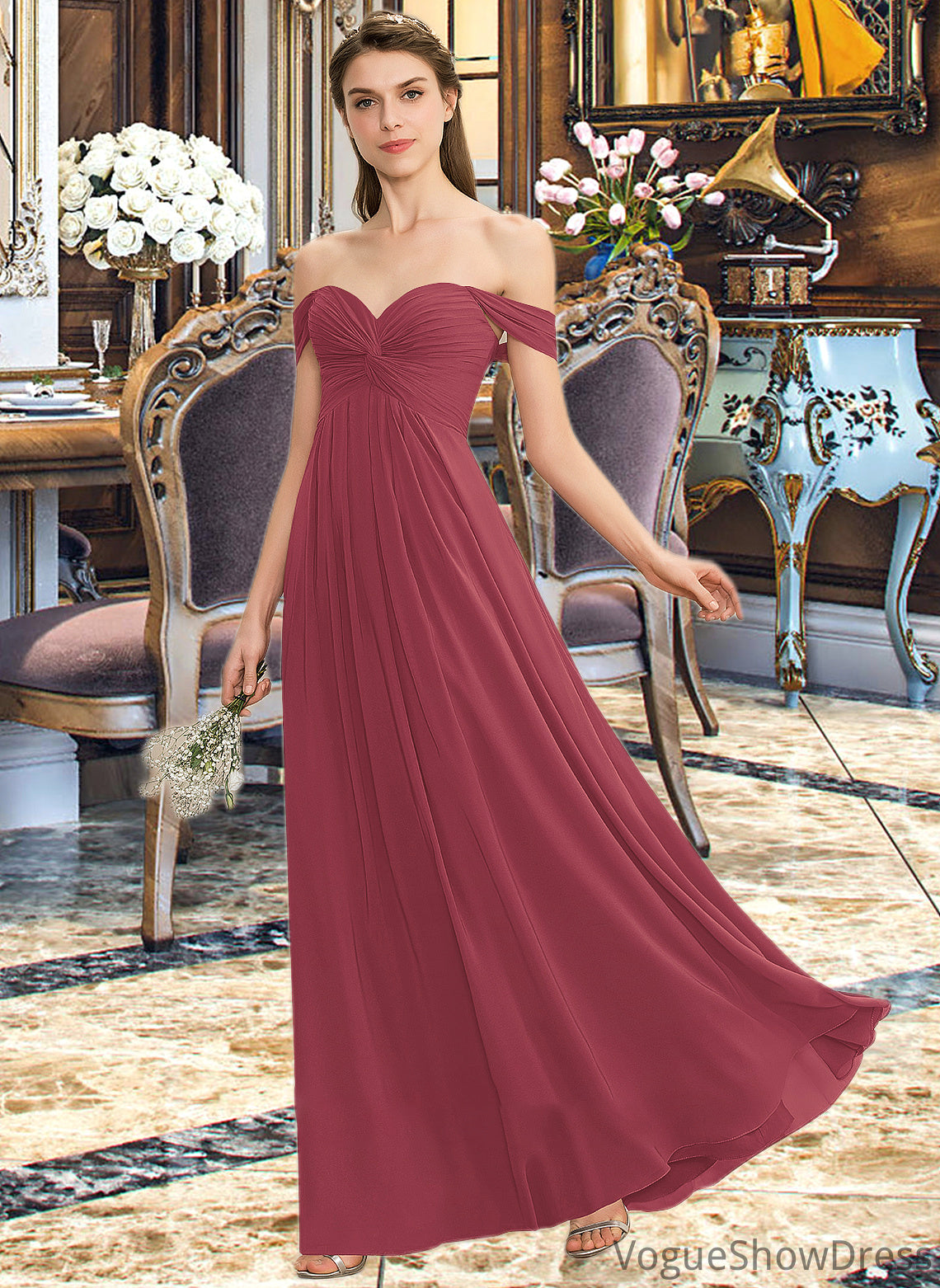 Zaria A-line Off the Shoulder Floor-Length Chiffon Bridesmaid Dress With Ruffle DLP0012825