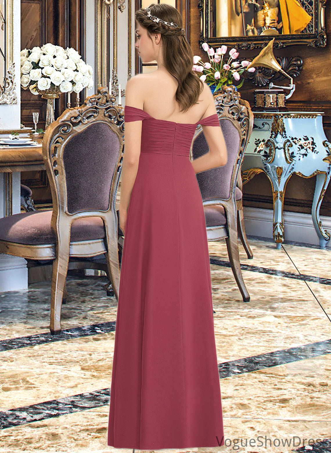 Zaria A-line Off the Shoulder Floor-Length Chiffon Bridesmaid Dress With Ruffle DLP0012825