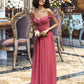 Zaria A-line Off the Shoulder Floor-Length Chiffon Bridesmaid Dress With Ruffle DLP0012825