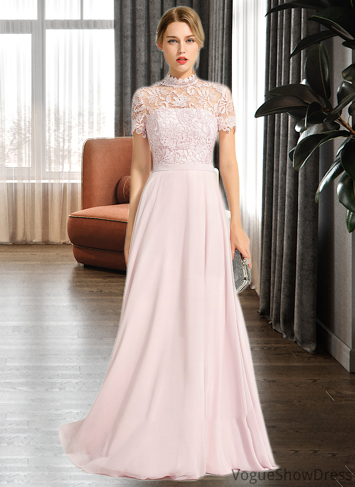 Yareli A-Line High Neck Floor-Length Chiffon Bridesmaid Dress With Sequins DLP0012852