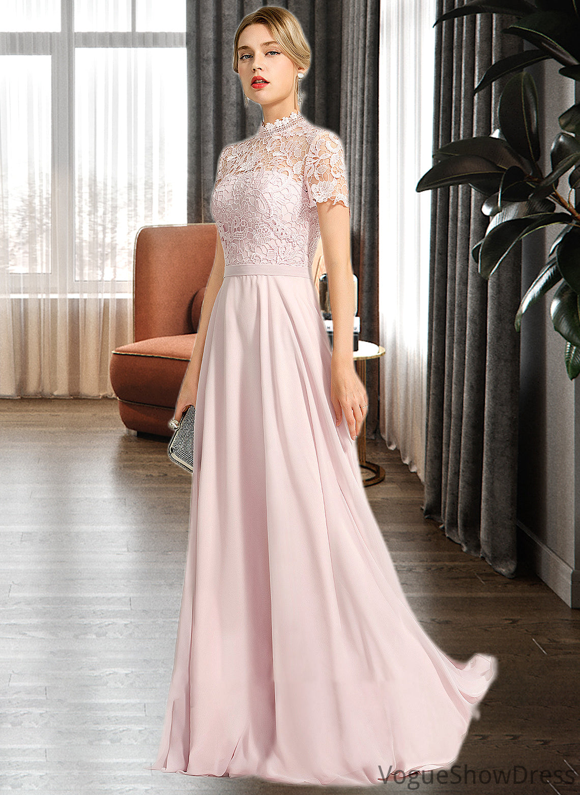 Yareli A-Line High Neck Floor-Length Chiffon Bridesmaid Dress With Sequins DLP0012852