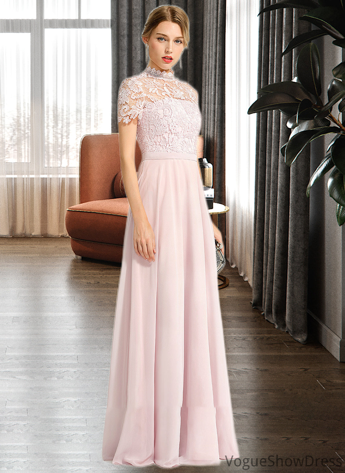 Yareli A-Line High Neck Floor-Length Chiffon Bridesmaid Dress With Sequins DLP0012852