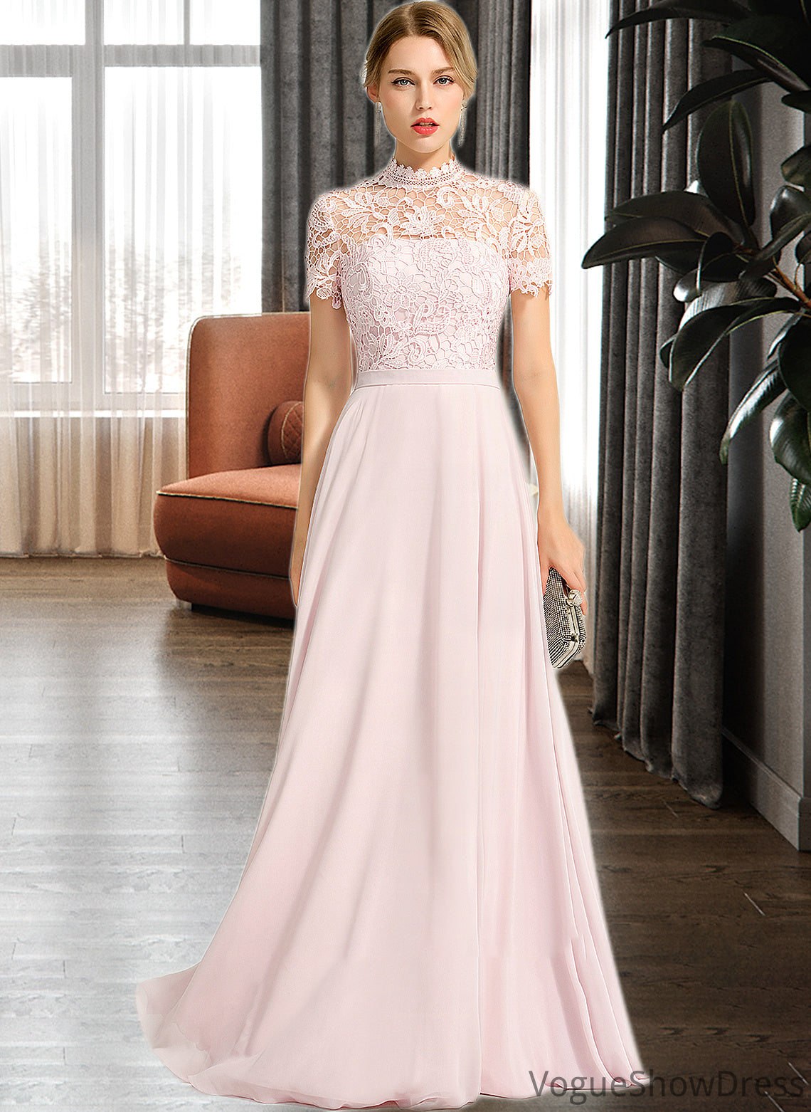 Yareli A-Line High Neck Floor-Length Chiffon Bridesmaid Dress With Sequins DLP0012852