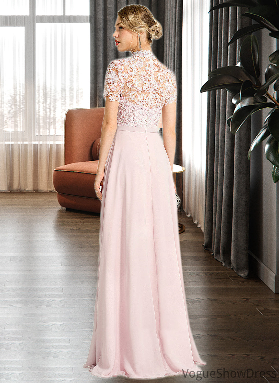 Yareli A-Line High Neck Floor-Length Chiffon Bridesmaid Dress With Sequins DLP0012852