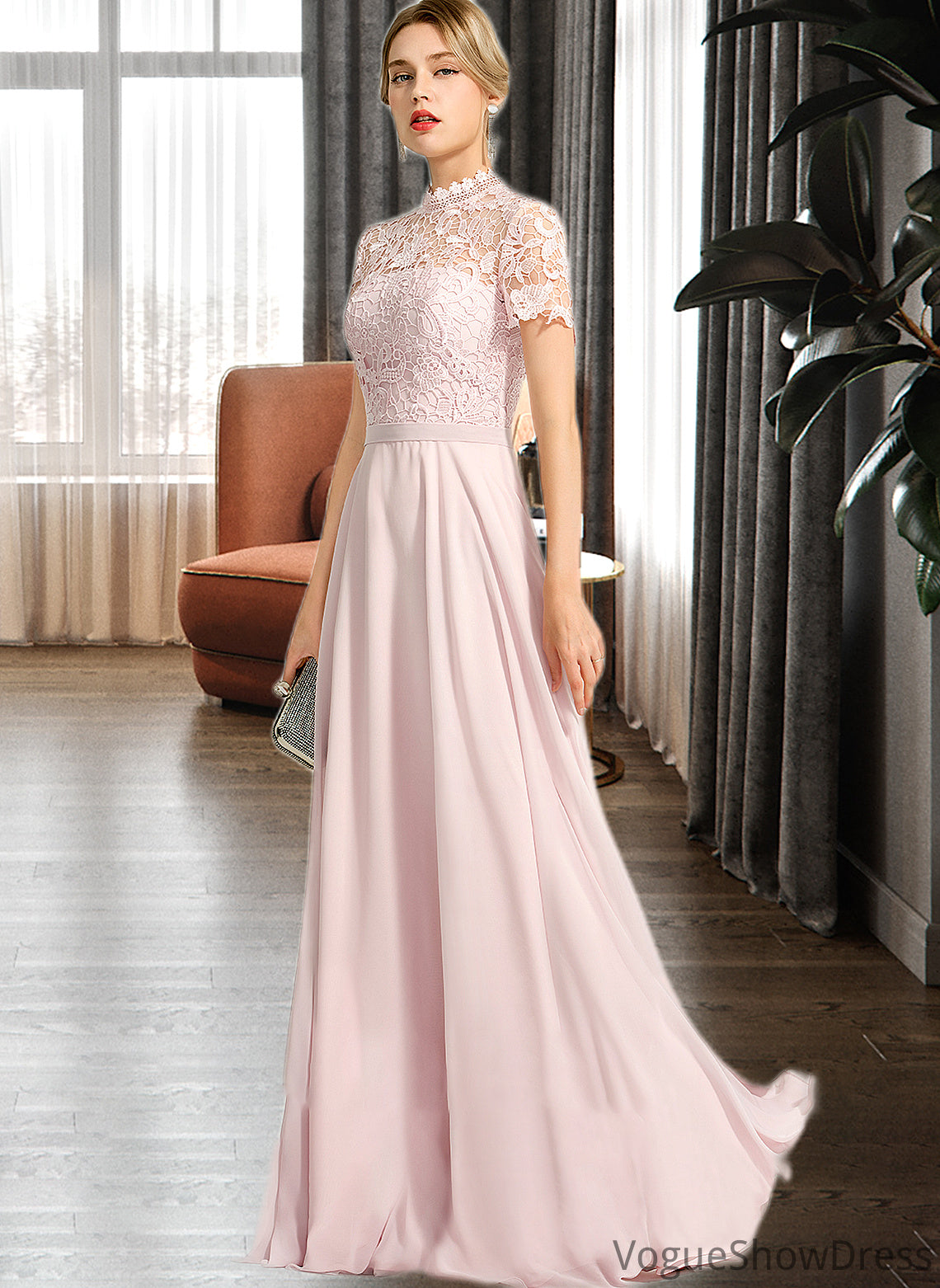 Yareli A-Line High Neck Floor-Length Chiffon Bridesmaid Dress With Sequins DLP0012852