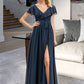 Zaria A-Line V-neck Floor-Length Chiffon Bridesmaid Dress With Bow(s) Split Front Cascading Ruffles DLP0012868