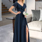 Zaria A-Line V-neck Floor-Length Chiffon Bridesmaid Dress With Bow(s) Split Front Cascading Ruffles DLP0012868