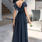 Zaria A-Line V-neck Floor-Length Chiffon Bridesmaid Dress With Bow(s) Split Front Cascading Ruffles DLP0012868