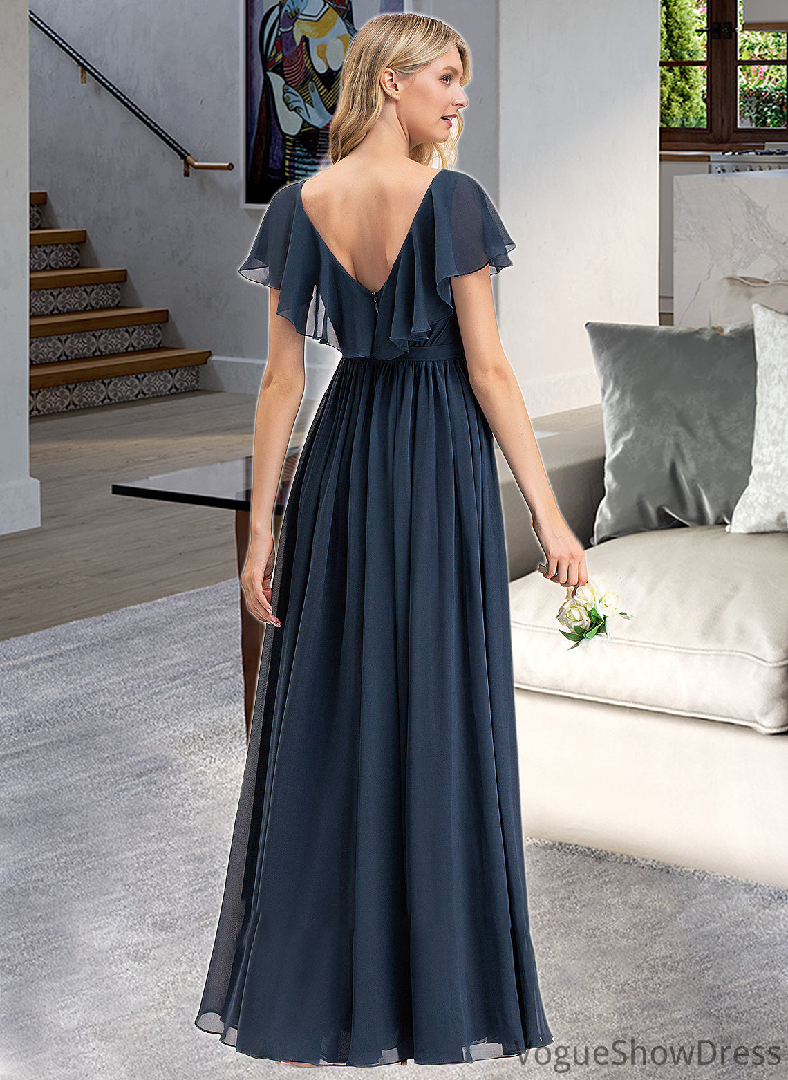 Zaria A-Line V-neck Floor-Length Chiffon Bridesmaid Dress With Bow(s) Split Front Cascading Ruffles DLP0012868