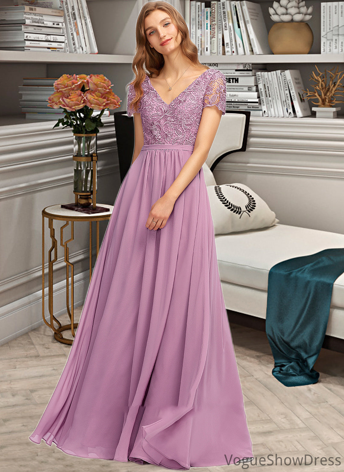 Tess A-Line V-neck Floor-Length Chiffon Bridesmaid Dress With Split Front DLP0012890