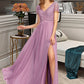 Tess A-Line V-neck Floor-Length Chiffon Bridesmaid Dress With Split Front DLP0012890