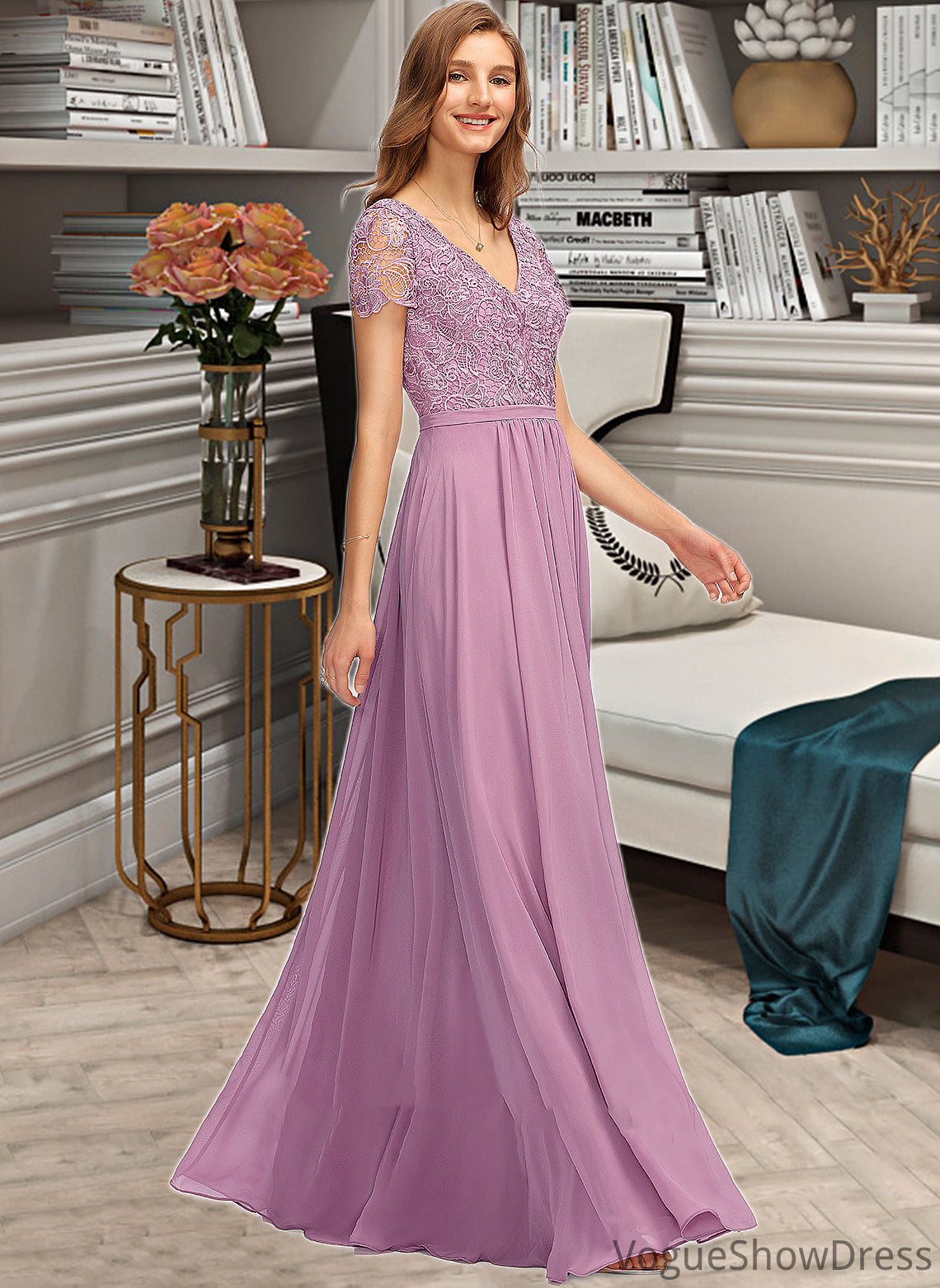 Tess A-Line V-neck Floor-Length Chiffon Bridesmaid Dress With Split Front DLP0012890