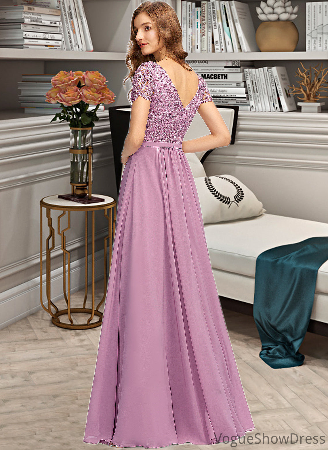 Tess A-Line V-neck Floor-Length Chiffon Bridesmaid Dress With Split Front DLP0012890