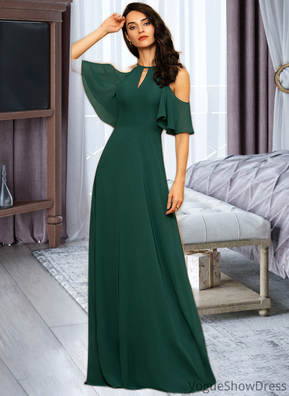 Stella A-Line Scoop Neck Floor-Length Chiffon Bridesmaid Dress DLP0012899