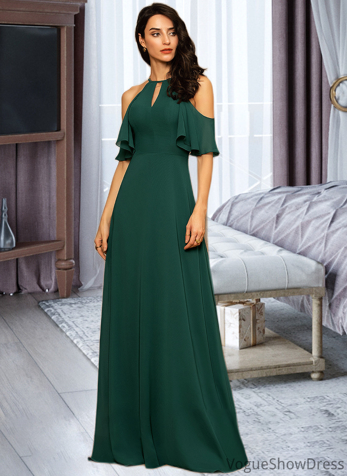 Stella A-Line Scoop Neck Floor-Length Chiffon Bridesmaid Dress DLP0012899