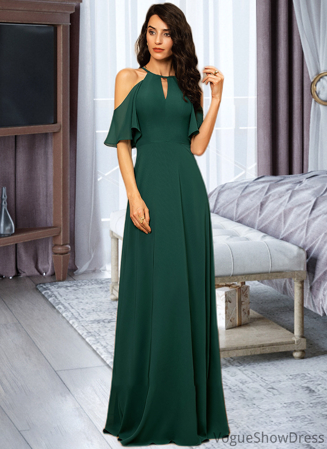 Stella A-Line Scoop Neck Floor-Length Chiffon Bridesmaid Dress DLP0012899