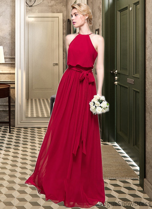 Teresa A-Line Scoop Neck Floor-Length Chiffon Bridesmaid Dress With Bow(s) DLP0012902