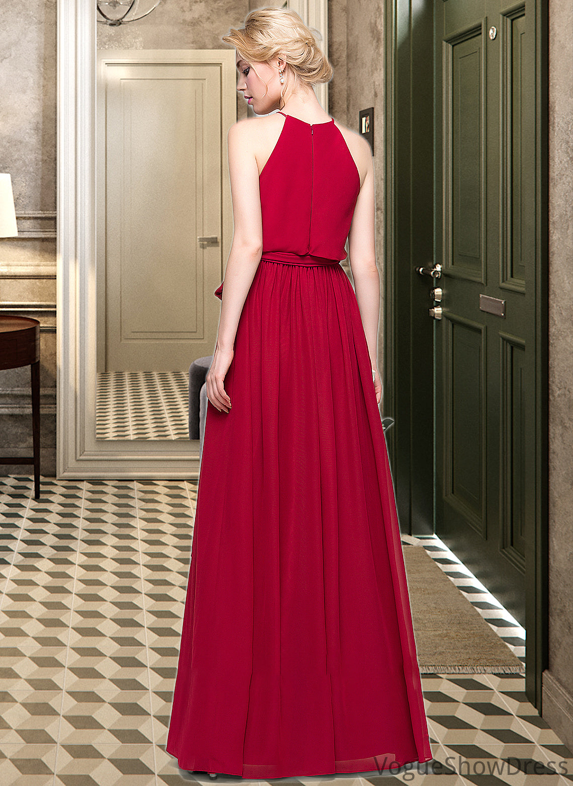 Teresa A-Line Scoop Neck Floor-Length Chiffon Bridesmaid Dress With Bow(s) DLP0012902