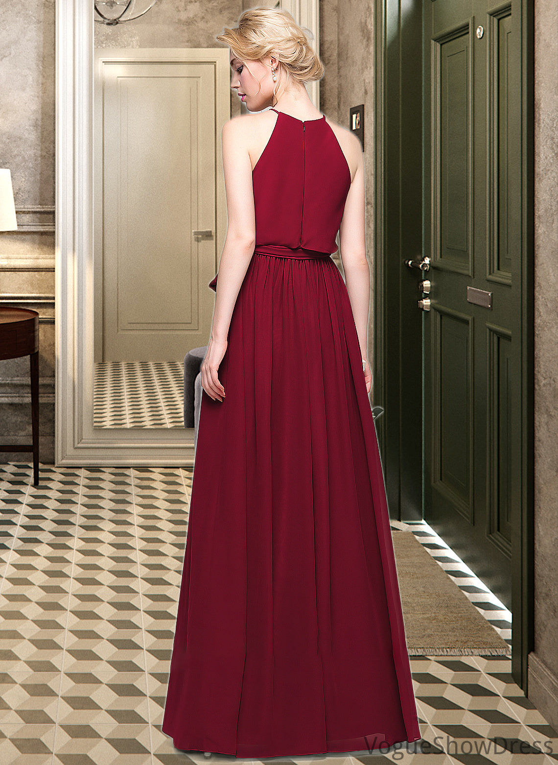 Teresa A-Line Scoop Neck Floor-Length Chiffon Bridesmaid Dress With Bow(s) DLP0012902