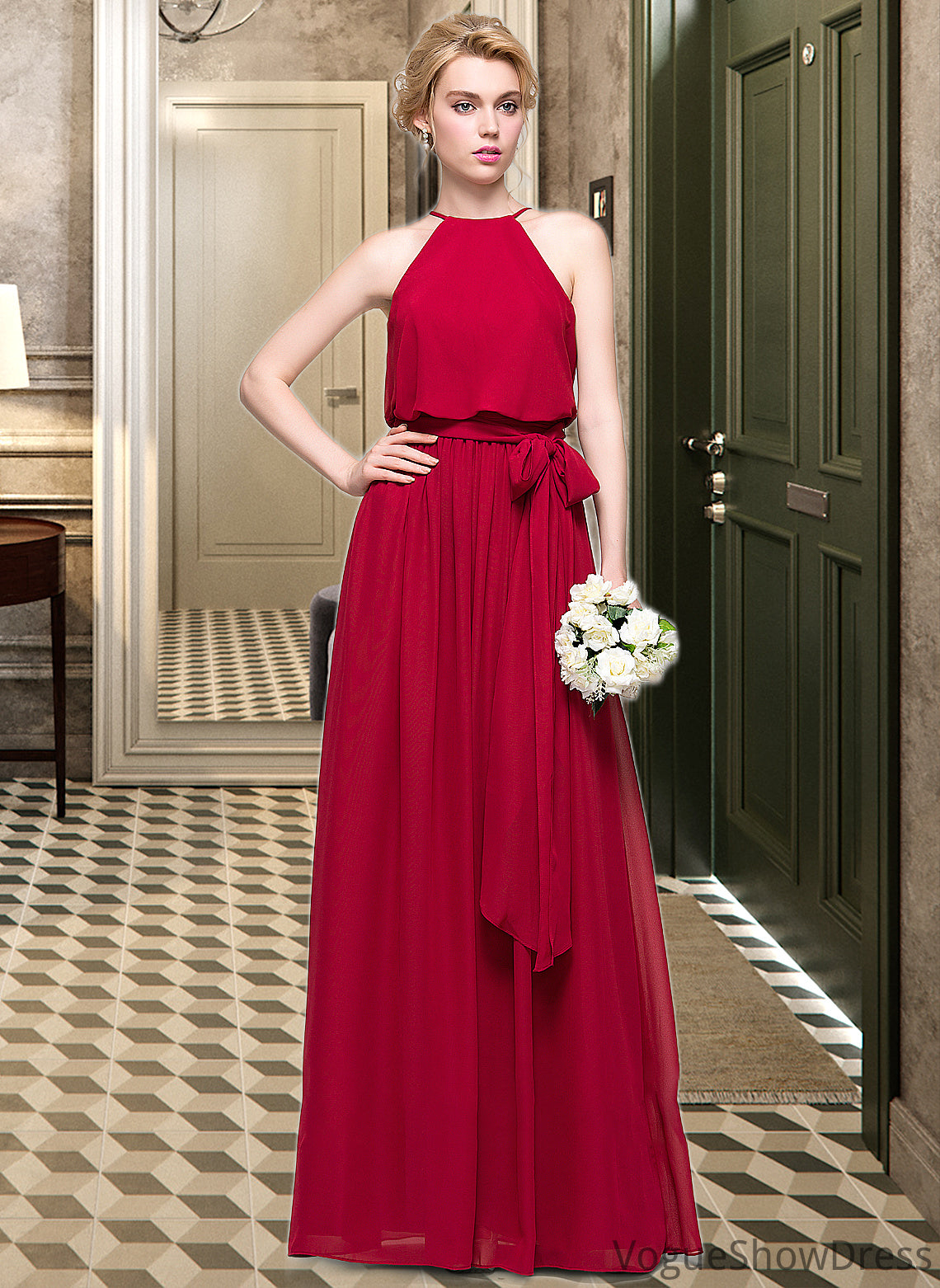 Teresa A-Line Scoop Neck Floor-Length Chiffon Bridesmaid Dress With Bow(s) DLP0012902