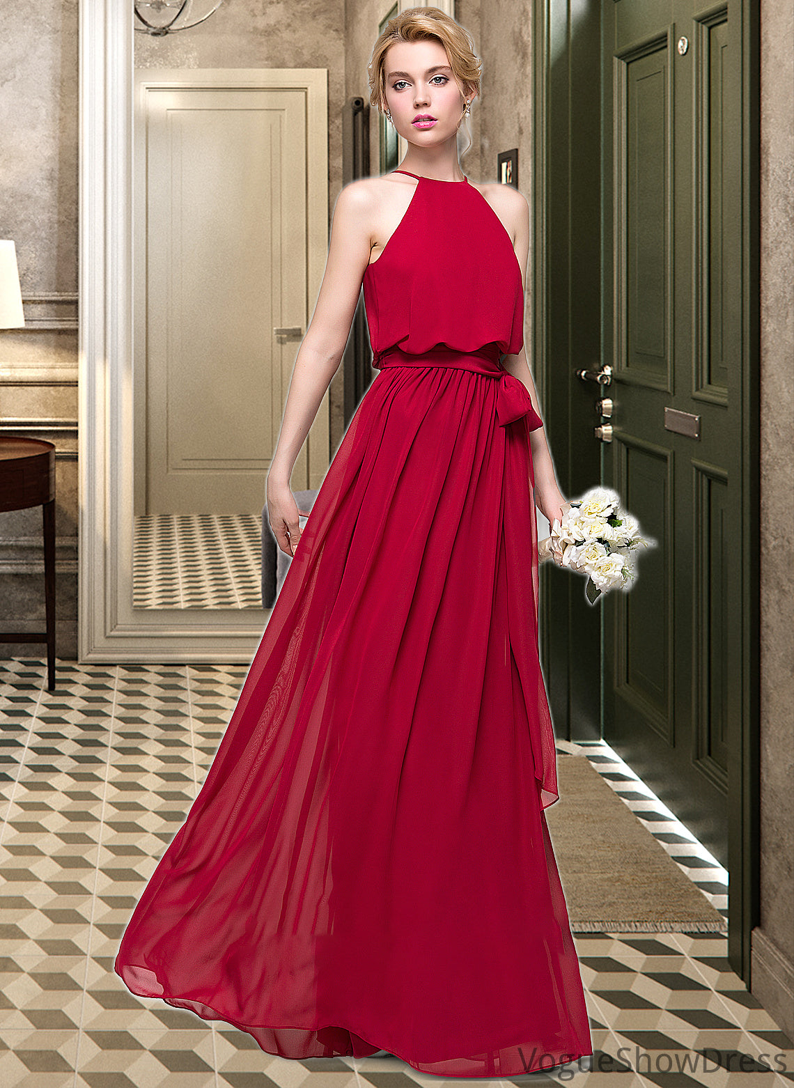 Teresa A-Line Scoop Neck Floor-Length Chiffon Bridesmaid Dress With Bow(s) DLP0012902