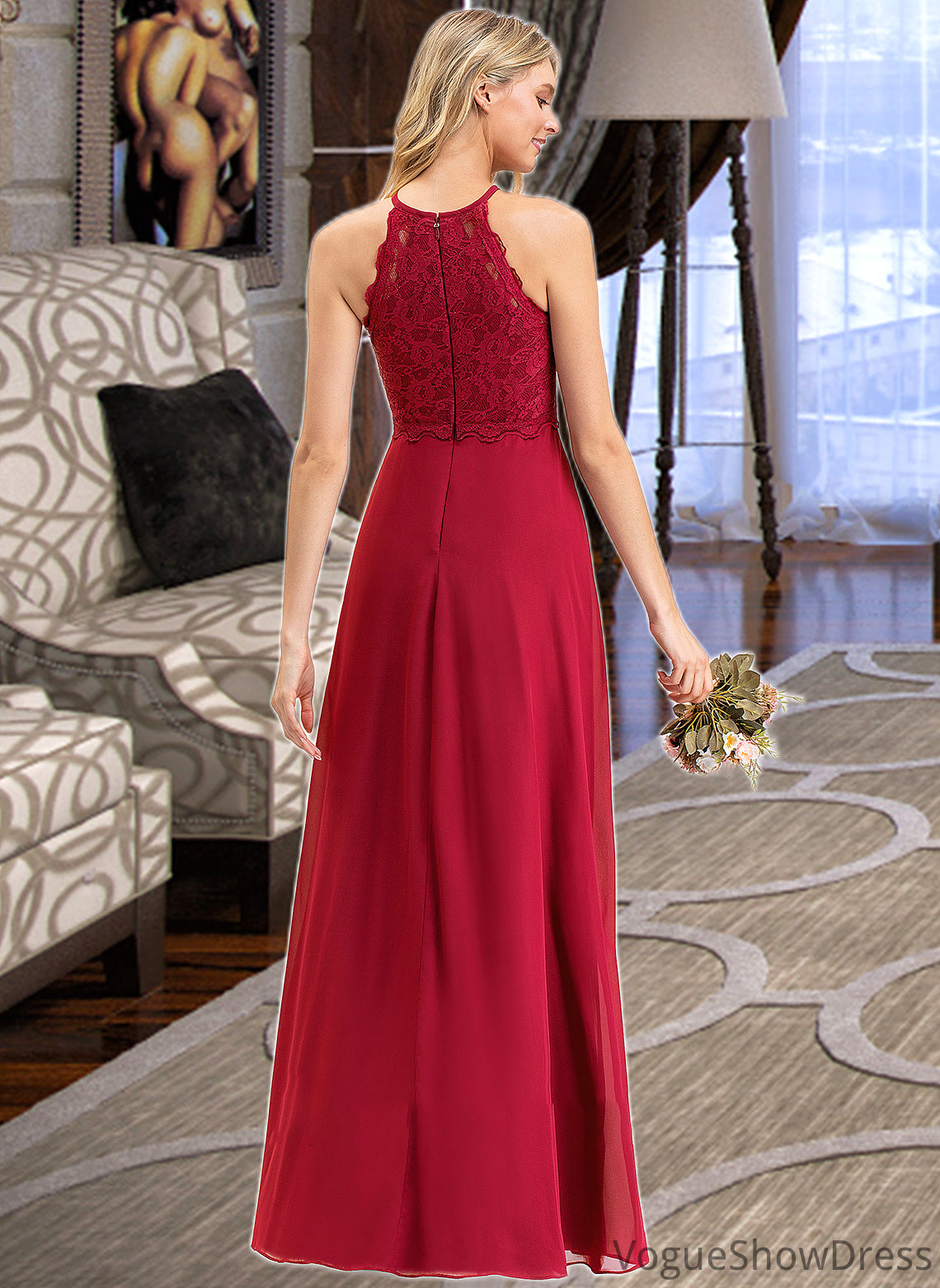 Urania A-Line Scoop Neck Floor-Length Chiffon Lace Bridesmaid Dress DLP0012918