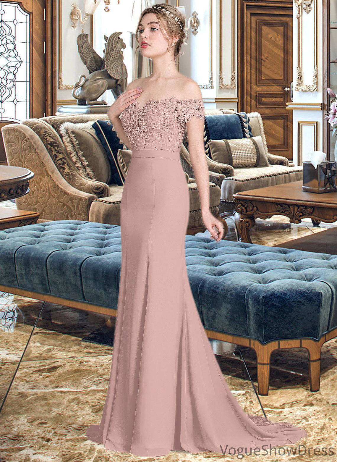 Vera Trumpet/Mermaid Off the Shoulder Court Train Chiffon Lace Bridesmaid Dress With Sequins DLP0012955