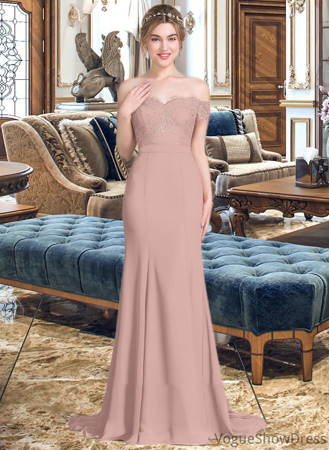 Vera Trumpet/Mermaid Off the Shoulder Court Train Chiffon Lace Bridesmaid Dress With Sequins DLP0012955