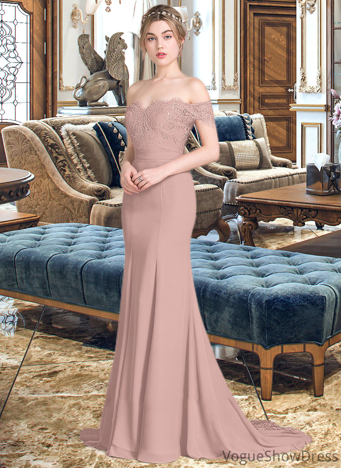 Vera Trumpet/Mermaid Off the Shoulder Court Train Chiffon Lace Bridesmaid Dress With Sequins DLP0012955