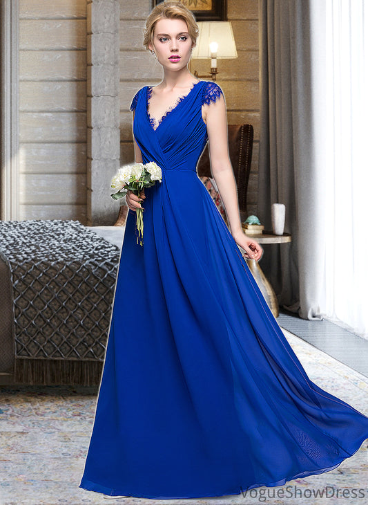 Sylvia A-Line V-neck Floor-Length Chiffon Bridesmaid Dress With Ruffle DLP0013004